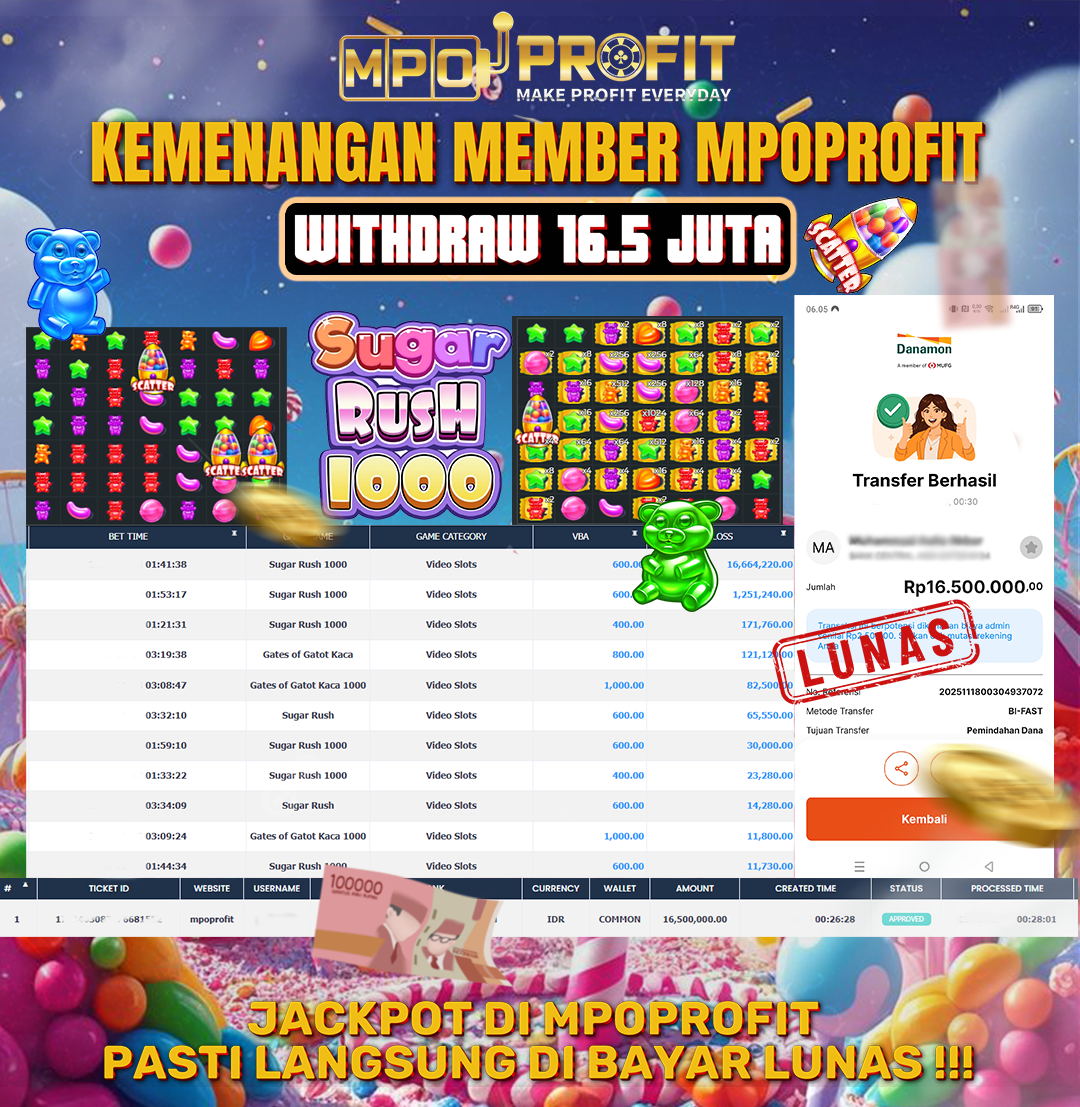 MPOPROFIT JACKPOT SLOT PRAGMATIC PLAY! KEMENANGAN MURNI DI (SUGAR RUSH 1000 TOTAL RP 16.500.000,- LUNAS)